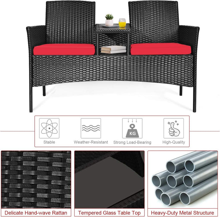 Wicker Patio Conversation Furniture Set, Outdoor Furniture Set with Removable Cushions & Table, Tempered Glass Top, Modern Rattan Bench for Garden Lawn Backyard