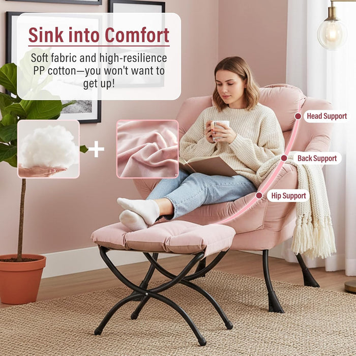 Lazy Chair with Ottoman, Modern Chair with Folding Footrest, Lounge Accent Chair, Comfortable Reading Chair, Oversized Armchairs for Bedroom, Study, Living Room, Courtyard (Pink)