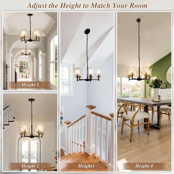 19.8'' 5-Light Chandelier for Dining Room Kitchen Island, Modern Farmhouse Pendant Lighting with Glass Shades Industrial Black Hanging Ceiling Light Fixture for Living Room, Height Adjustable