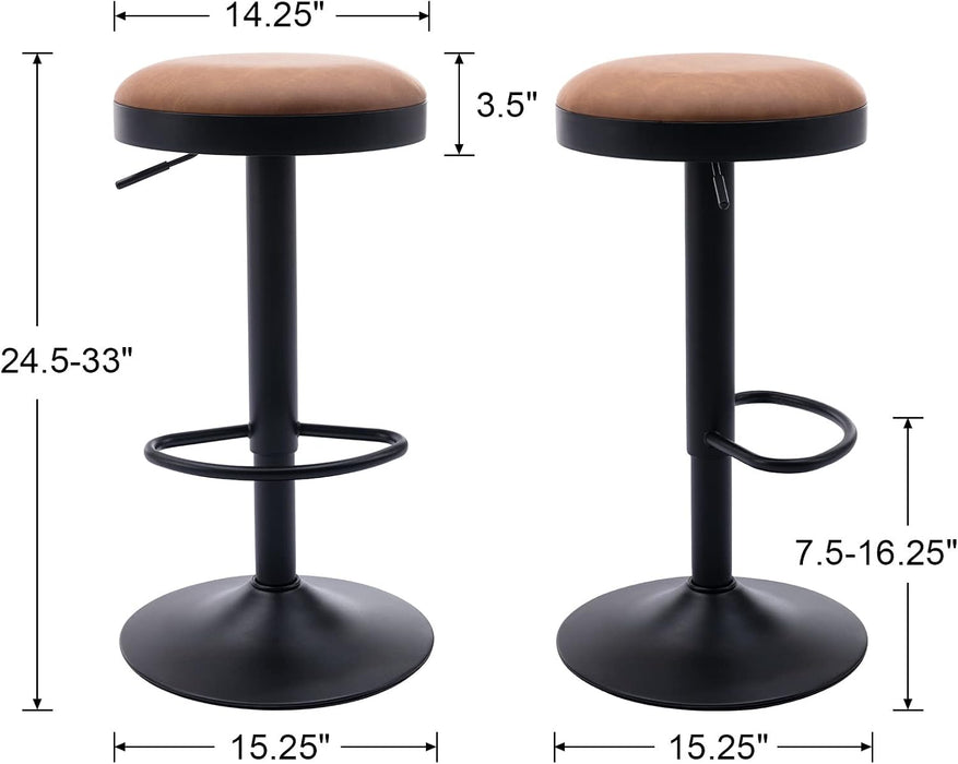 Modern Swivel Bar Stools Set of 2 Adjustable Counter Height Backless Barstools with Metal Base Leather Upholstered round Bar Stool Chairs for Kitchen Island/Pub/Breakfast Bar, Brown