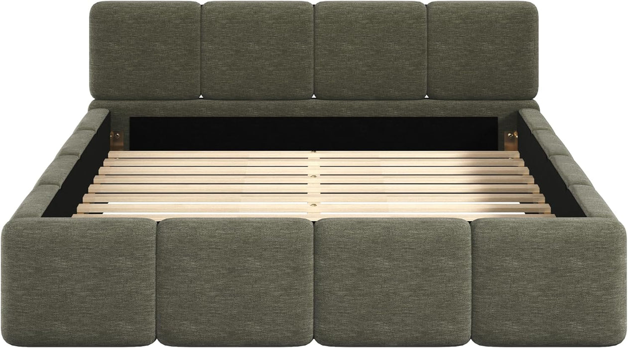 Queen Size Boucle Platform Bed with Thick Headboard and Footboard, Block Style Upholstery Grounded Bed Frame, Green