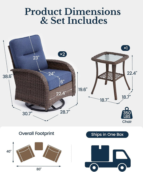 3-Piece Swivel Chairs Patio Furniture Set with 6" Thick Cushions
