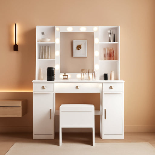 White Vanity Desk With Mirror LEDLightingSystemWithUSBPorts