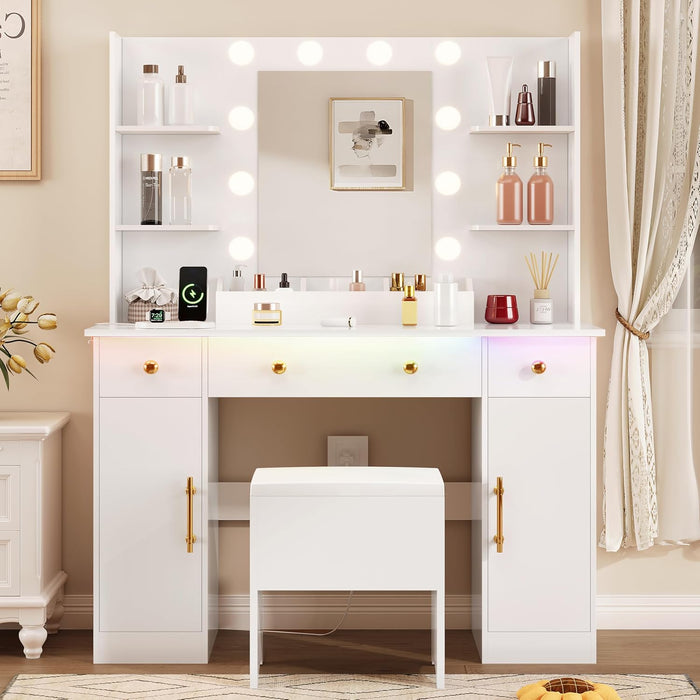 White Vanity Desk With Mirror LEDLightingSystemWithUSBPorts