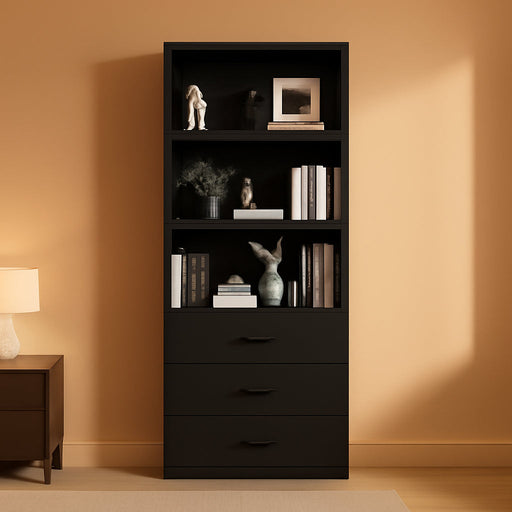 70" H Black Bookshelf with Drawers, Tall Bookcase with 3-Tier Open Shelves, Bookshelf and Bookcase with Storage Cabinet for Home Office,Living Room(Black,6-Tier)