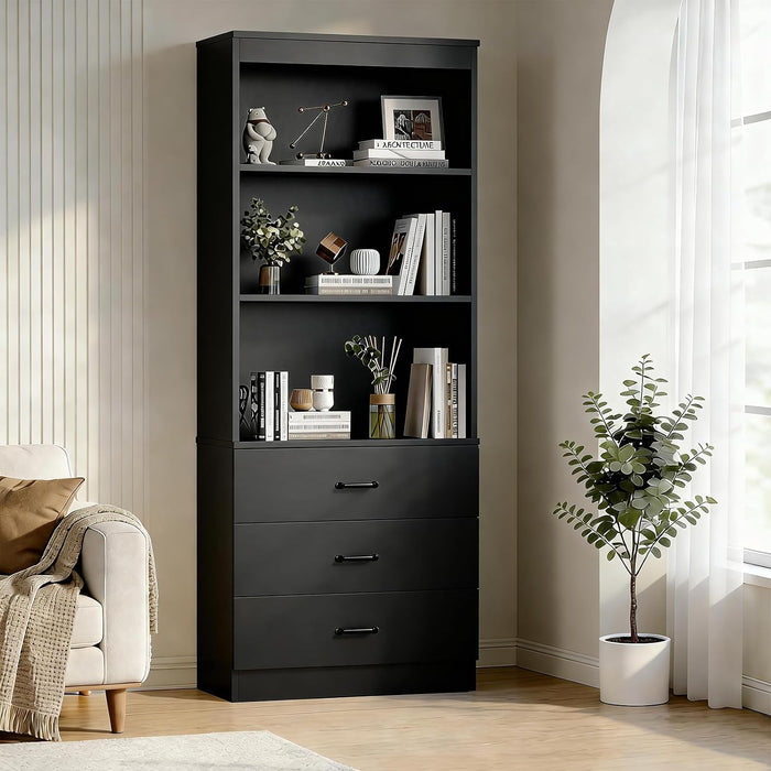 70" H Black Bookshelf with Drawers, Tall Bookcase with 3-Tier Open Shelves, Bookshelf and Bookcase with Storage Cabinet for Home Office,Living Room(Black,6-Tier)