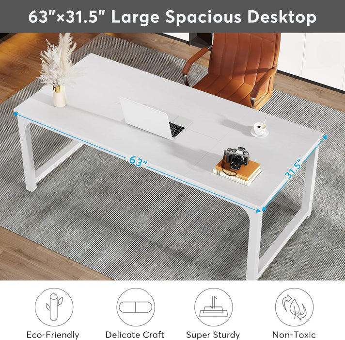 Modern Computer Desk, 63 X 31.5 Inch Large Executive Office Desk Computer Table Study Writing Desk Workstation for Home Office, Spliced Desktop, White