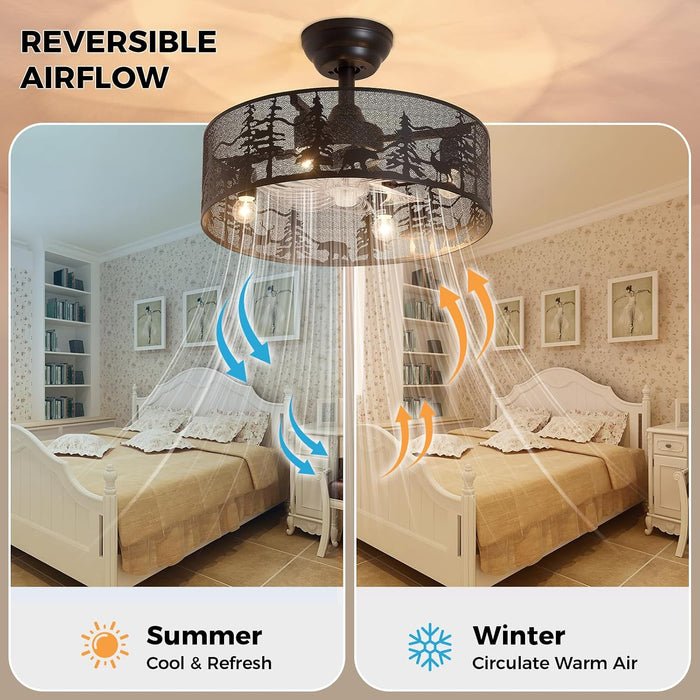 Rustic Ceiling Fan with Light and Remote, Black round Fandelier