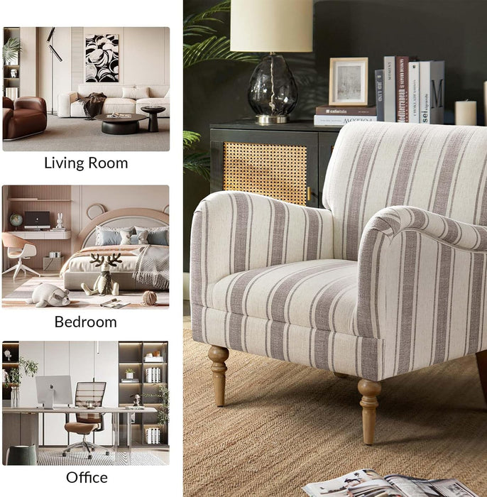 Modern Accent Chair with Arms and Wooden Legs, Comfy Upholstered Armchair for Living Room, Bedroom (Stripe Pattern, Tan)