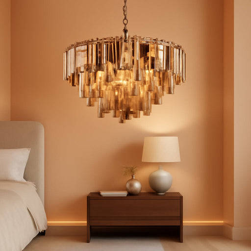 Round Chandelier, 34" Modern Large Amber Glass Chandeliers for Dining Room