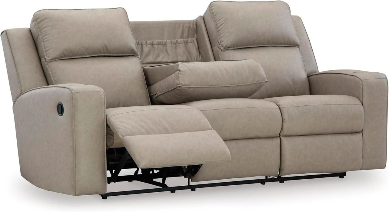 Lavenhorne Contemporary Faux Leather Manual Reclining Sofa with Drop down Table, Cup Holders and USB Ports, Beige