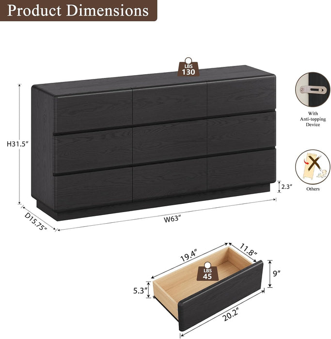 Black 9 Drawer Dresser for Bedroom, 63" Wide Chest of Drawers
