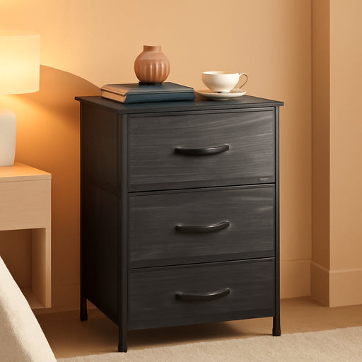 Nightstand with 3 Drawers, Fabric Dresser, Organizer Unit, Storage Dresser for Bedroom, Hallway, Entryway, Closets, Steel Frame, Wood Top, Easy Pull Handle, Charcoal Black Wood Grain Print