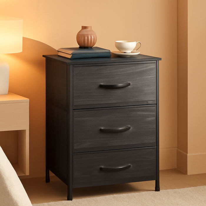 Nightstand with 3 Drawers, Fabric Dresser, Organizer Unit, Storage Dresser for Bedroom, Hallway, Entryway, Closets, Steel Frame, Wood Top, Easy Pull Handle, Charcoal Black Wood Grain Print