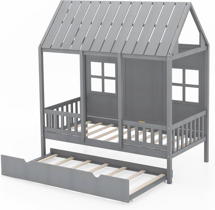 Twin Size CharcoalGray Premium Hardwood Playhouse Bed