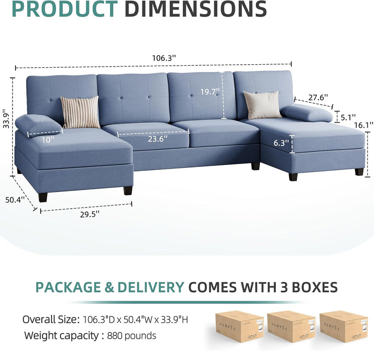 Sectional Sofa Couches for Living Room, U Shaped Sofa Living Room Furniture Sets, 4 Seat U Shaped Sofa Sectional Couch with Chaise, Blue
