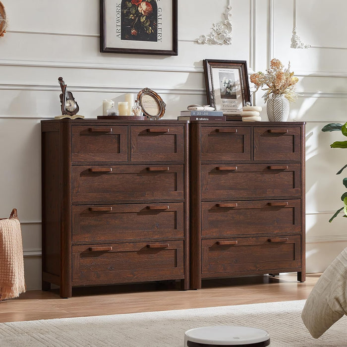 Farmhouse 5 Drawer Dressers for Bedroom, Walnut