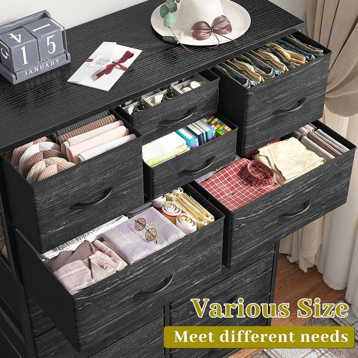Black Dresser with 10+4 Storage Drawers, Chest of Drawers, Sturdy Metal Frame & Wood Top, Bedroom, Hallway, Closets, Living Room, 52.2" H X 37.4" W X 11.8" D