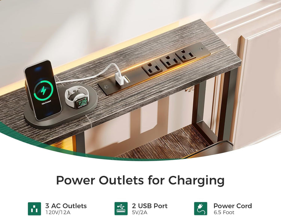 48-Inch Computer Desk with Fabric File Cabinet and Fabric Drawers, Reversible Office Desk with LED Strip and Power Strip, Gaming Desk with Monitor Riser, Writing/Study Table for Home, Oak Grey