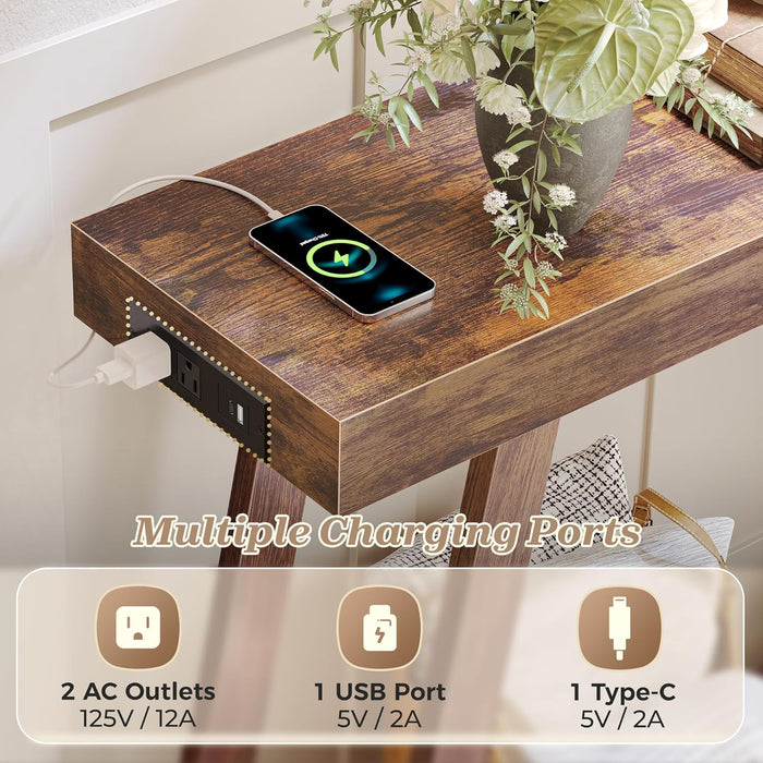 Console Table with Charging Station, USB-C Port, 2 Tiers Entryway Table, 53.9 Inch Sofa Table with Metal Legs, Entry Hallway Table with Thicker Desktop, Modern behind Couch Table, Rustic Brown