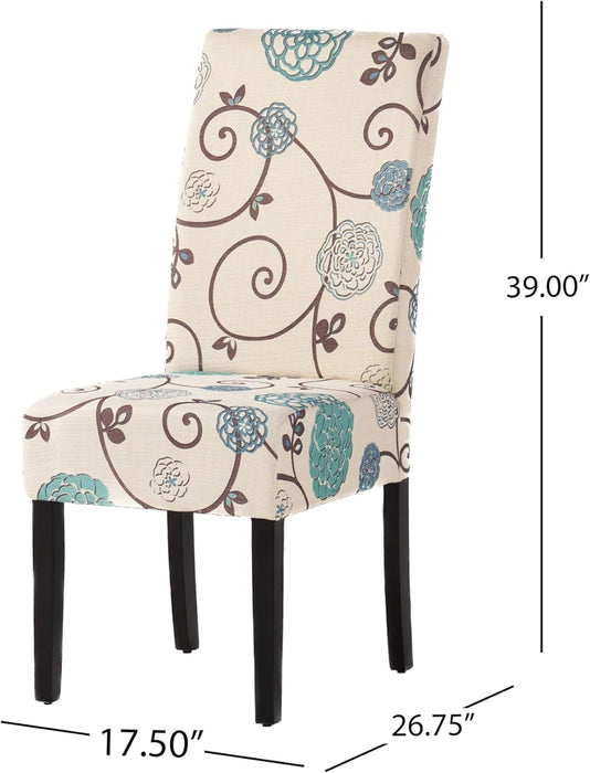 Evangeline Contemporary Fabric Dining Chairs (Set of 4), 17.5D X 26.75W X 39H Inch, Light Beige with Blue Floral, Espresso