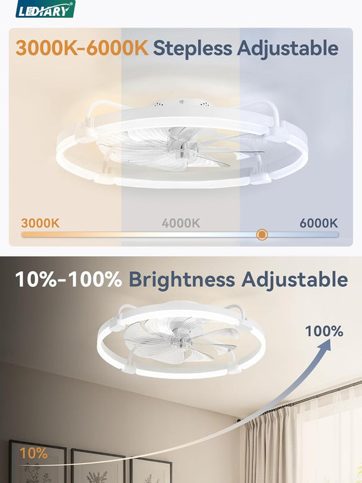 Ceiling Fans with Lights and Remote, 24'' Low Profile Ceiling Fan with Light, 3000-6000K Dimmable Fandelier LED Fan Light, 6 Wind Speeds, White Modern Flush Mount Ceiling Fan for Bedroom
