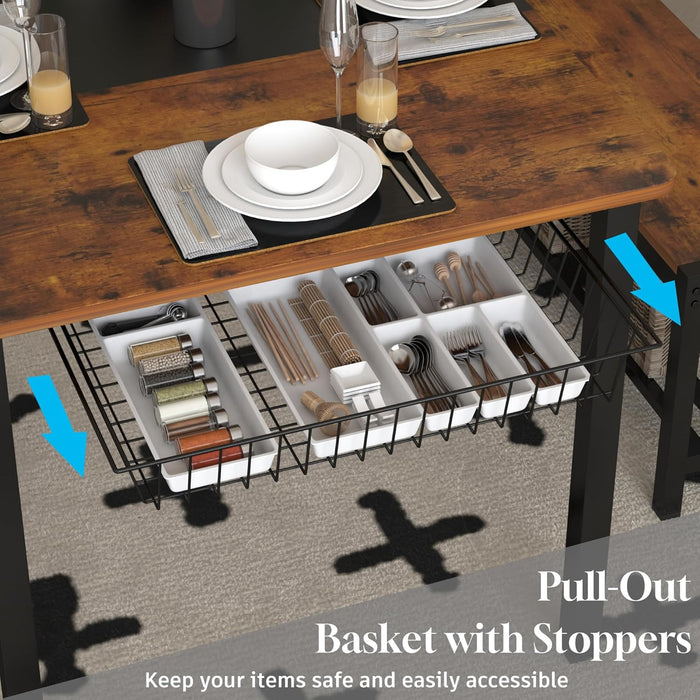 Rustic Brown Industrial Dining Table Set StorageDrawers