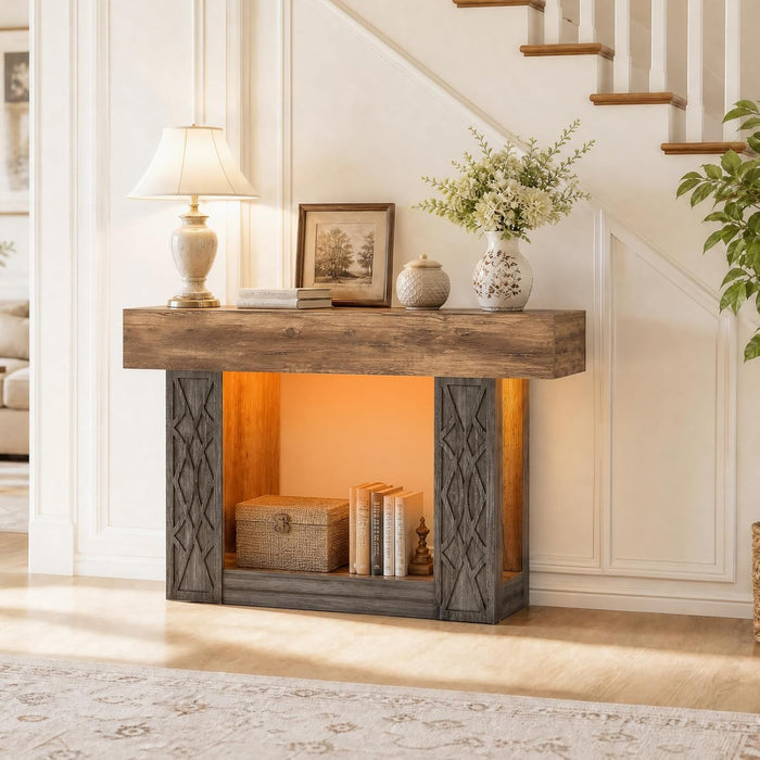 47" Console Table with Outlets & LED Lights, Farmhouse Entryway Table with Unique Geometric Pattern, Sofa Table behind Couch with 2-Tier Storage for Living Room, Hallway, Foyer, Grey & Brown