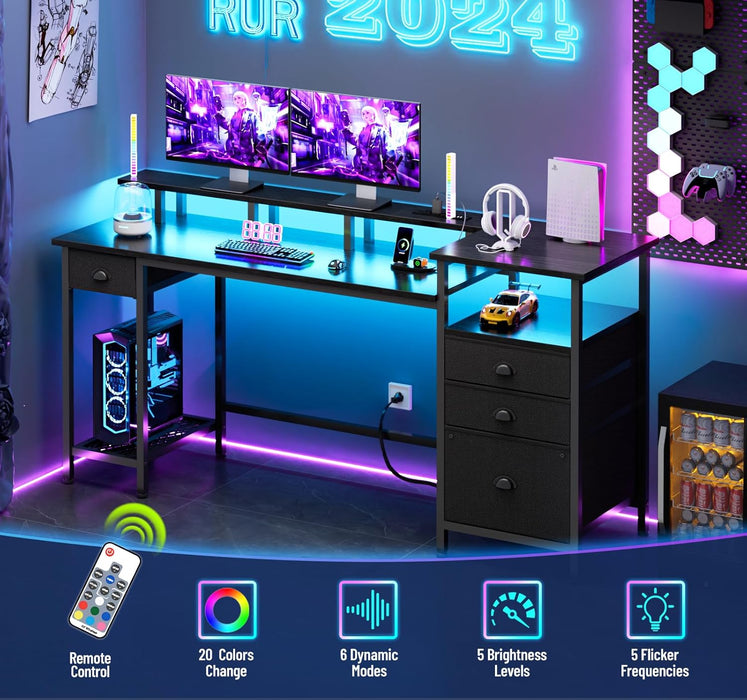 Black Computer Desk with 4 Drawers, 60" Long Office Desk with Fabric File Cabinet and Power Outlets, Gaming Desk with LED Lights, Study Writing Work Desk for Home Office