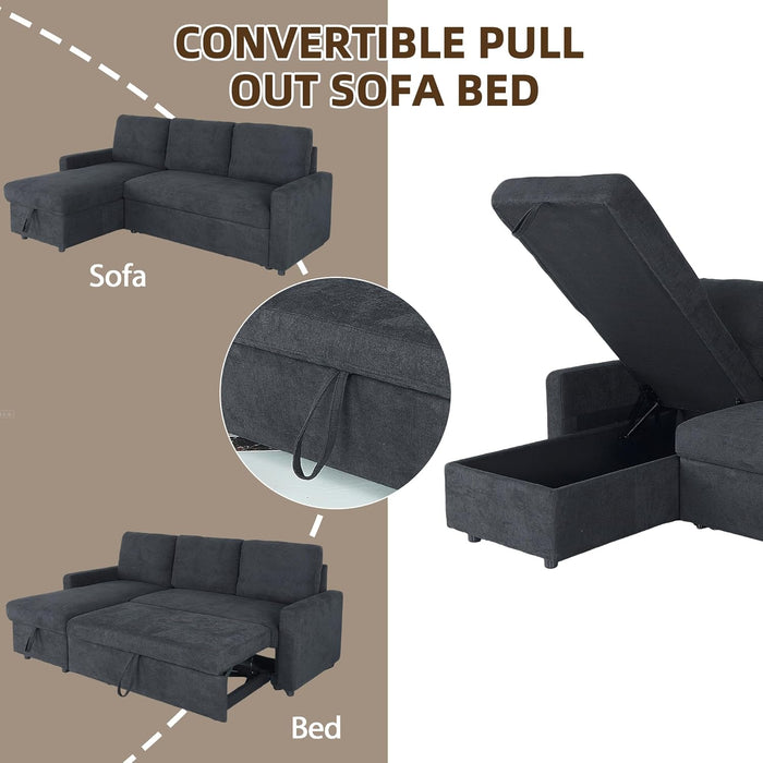 83-Inch Velvet-Black Pull-Out Sleeper Sofa With Storage