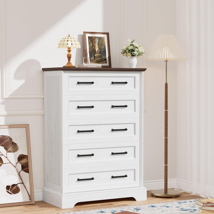 Tall Dresser for Bedroom, Farmhouse 5 Drawers Dresser, White&Brown