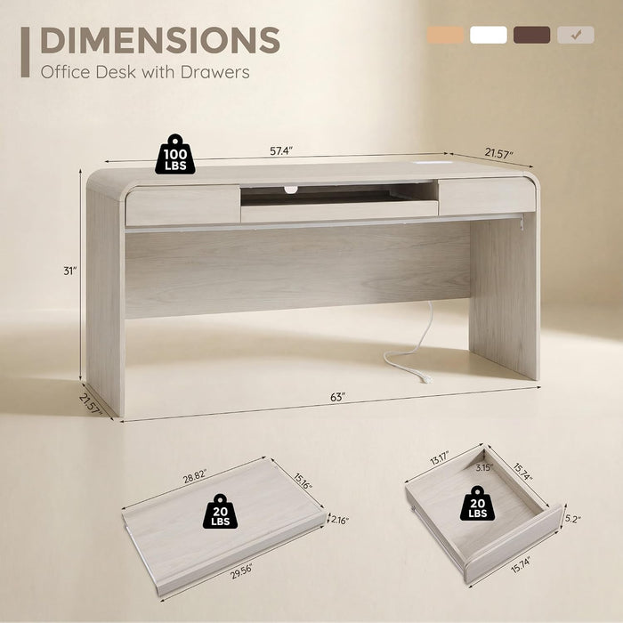 63" Modern Computer Desk with 2 Drawers, Wood Curved (Cream)