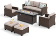 Patio Furniture Set Outdoor Furniture Brown Wicker Rattan Patio Conversation Sets with Cushion outside Sofa Set,6 Pieces with Rectangular Firepit Table,7 Seats,Beige