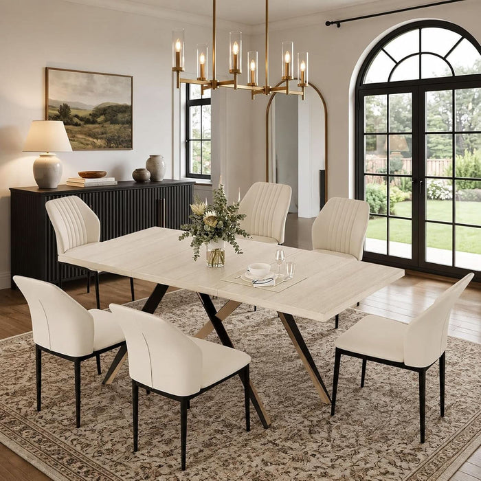 7-Piece Dining Table Set for 6, Natural Table + 6 Beige Chairs