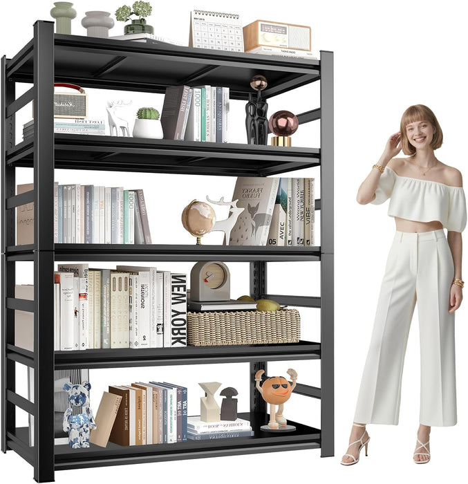 Book Shelf, Screwless Installation Metal Bookshelves, Heavy Duty Steel Bookcases, Adjustable Tall Industrial Bookshelf for Living Room, Bedroom and Library, Black (5-Tier with Fence 72''Hx36''Wx16''D)