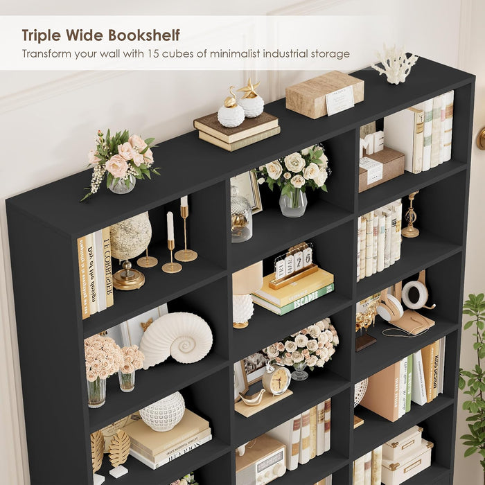 82.3" Triple Wide Bookshelf, Tall Bookcase with 4 Doors, Black