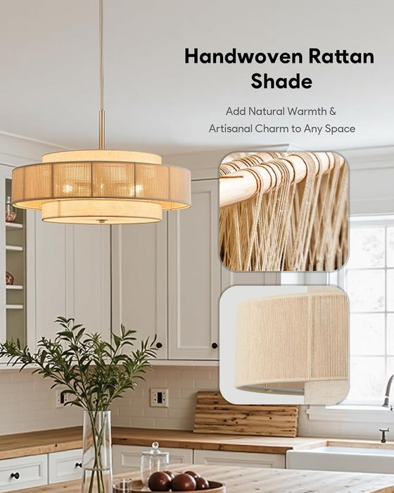 23.6-Inch Rattan Drum Chandelier 6-Light Nickel Finish