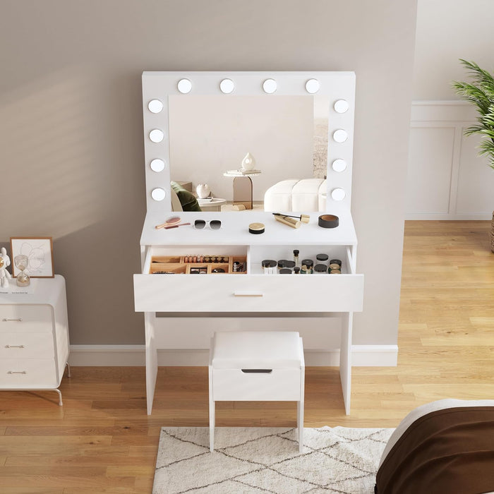 Vanity Desk with Mirror and Lights, Adjustable Brightness, White Vanity Table Set with Storage Drawer,Makeup Vanity Set with Cushioned Chair