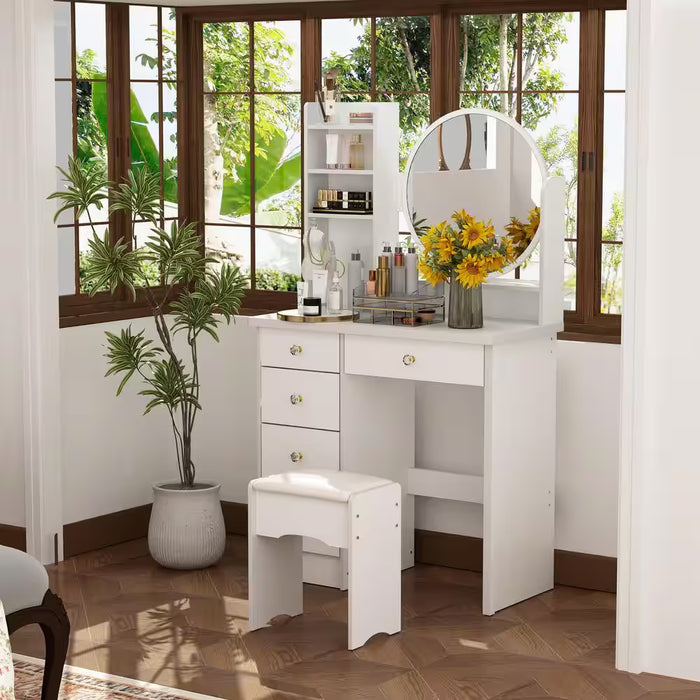 5-Drawers White Makeup Vanity Table Set with Stool Dressing Desk Vanity Wood with round Mirror Storage Shelves