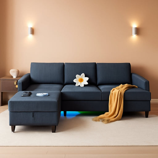 Sectional Couches for Living Room, 4 Seat Linen Sectional Sofa with Reversible Chaise Lounge/Storage Ottoman, U Shaped Couch with Smart Module-Wireless Charging/Usb/Type-C/Rgb Light (Blue)