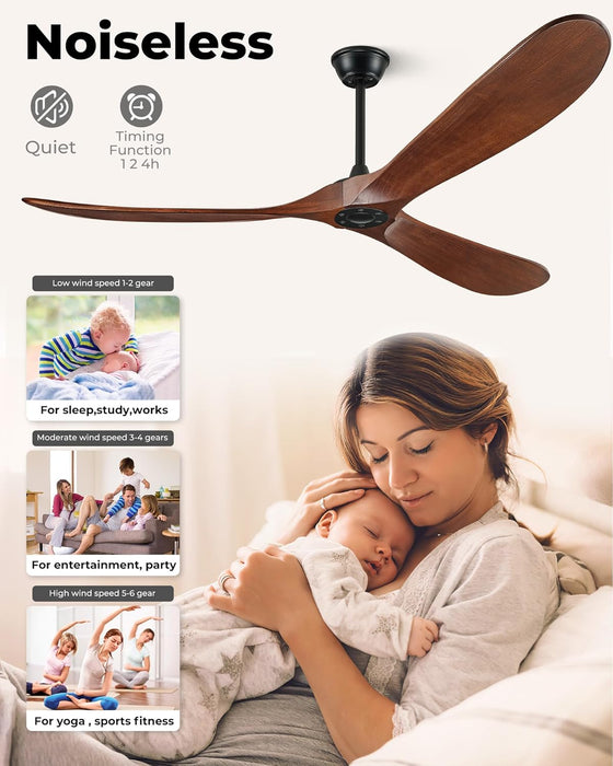 52" Ceiling Fans without Lights, Solid Wood Ceiling Fan with Remote Control and DC Motor, Ceiling Fan No Light with 3 Blades, Indoor Outdoor Ceiling Fans for Patios, Bedroom- Dark Walnut