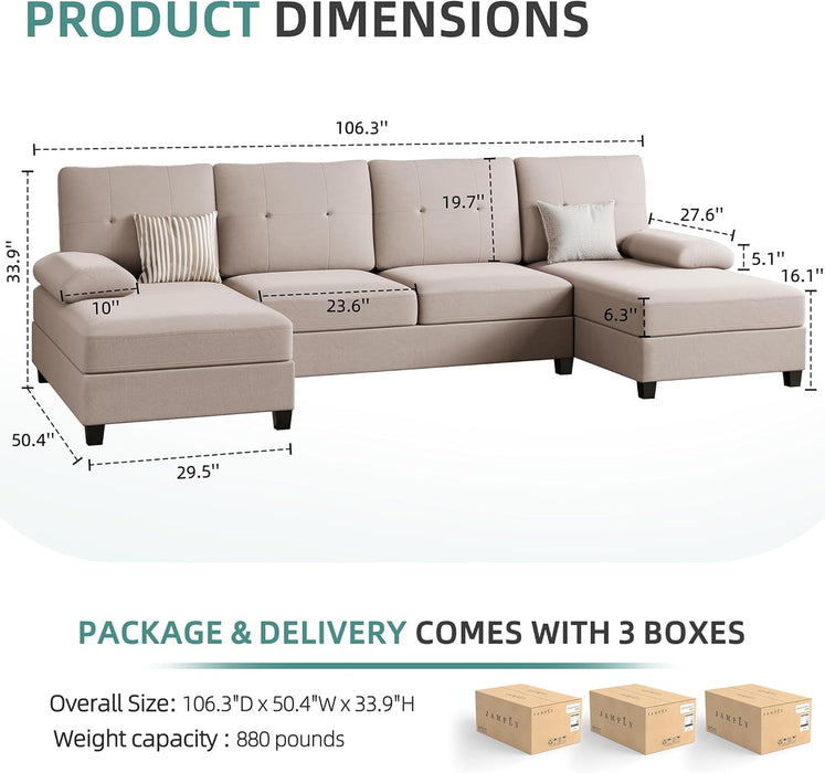 Sectional Sofa Couches for Living Room, U Shaped Sofa Living Room Furniture Sets, 4 Seat U Shaped Sofa Sectional Couch with Chaise, Dark Beige
