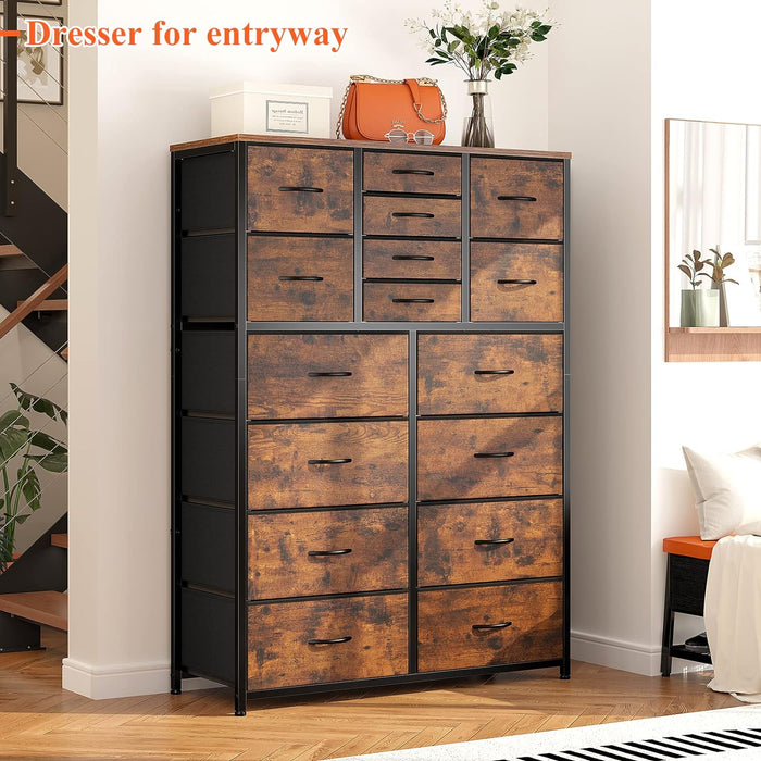 Rustic Brown Dresser Tower with 16 Drawers