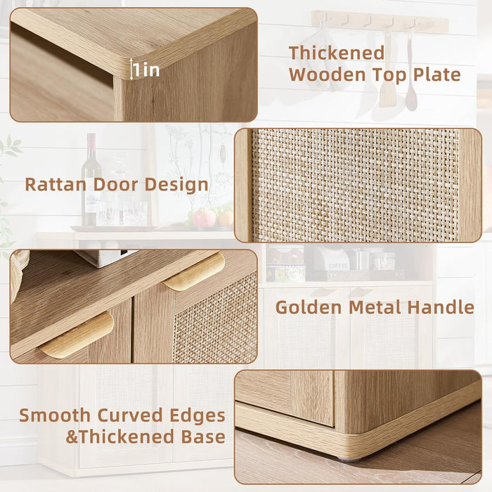 Rattan Sideboard Buffet Cabinet,55" Coffee Bar Cabinet with 4 Doors & Open Storage Shelf,Modern Credenza Console Table for Living Room Rattan Farmhouse Entryway Natural