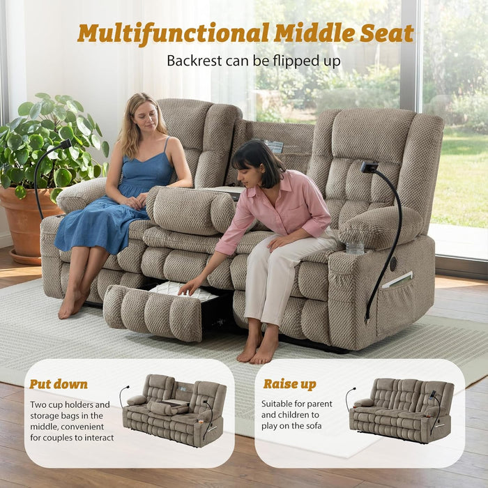 Manual Reclining Sofa with 2-Layer Cushion, Home Theater Seat Reclining Couch with Hidden Drawers & Phone Holder, RV Wall Hugger Recliner Sofa with 3 Seater & Console (Gold, 77‘’)