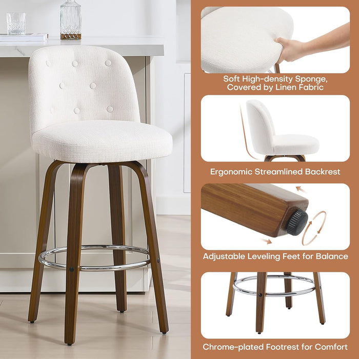 Bar Stools Set of 3, 26" Counter Height Swivel Bar Stools with Back, Walnut Bent Wood Legs, Linen Fabric Upholstered Counter Stools, Modern Counter Chairs Bar Stool for Kitchen Island, White