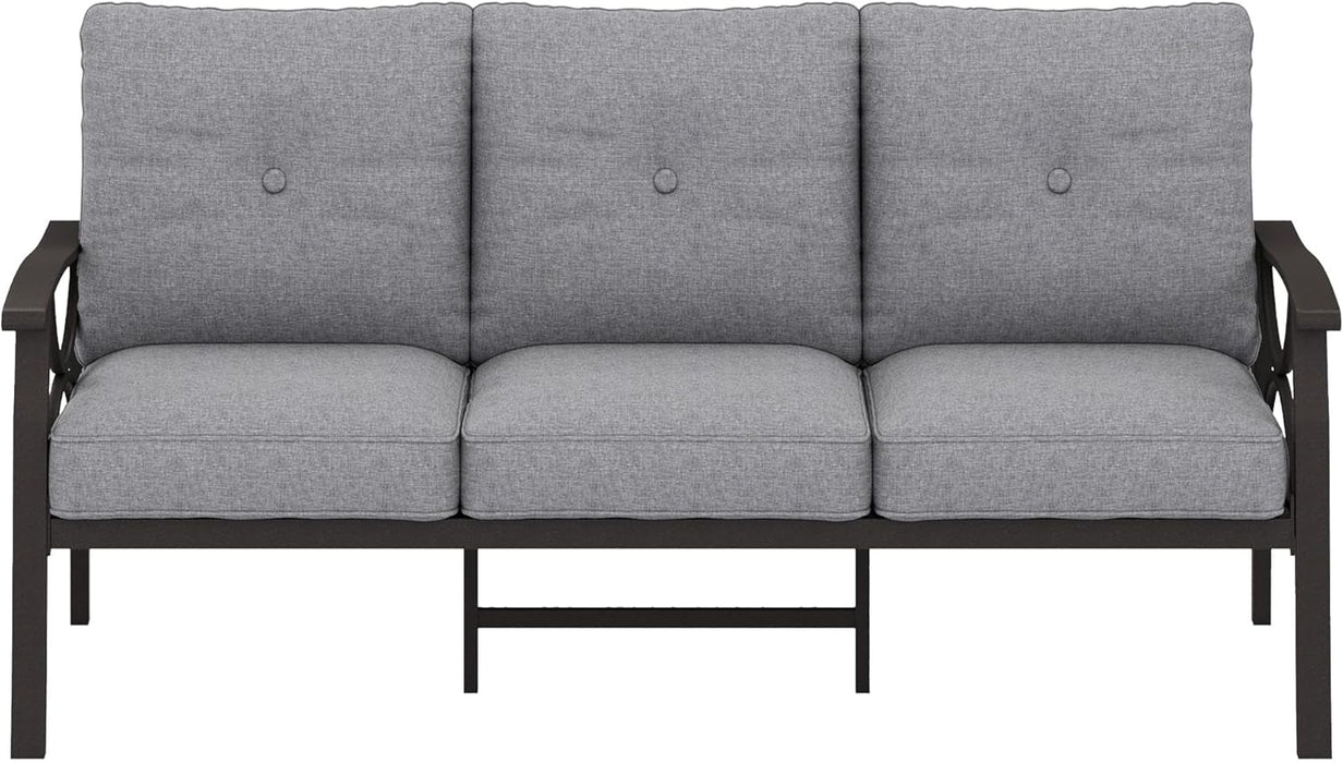 Patio 3 Seats Sofa, All-Weather Outdoor Couch, Patio Furniture Sofa,Khaki Metal Furniture with Gray Cushions