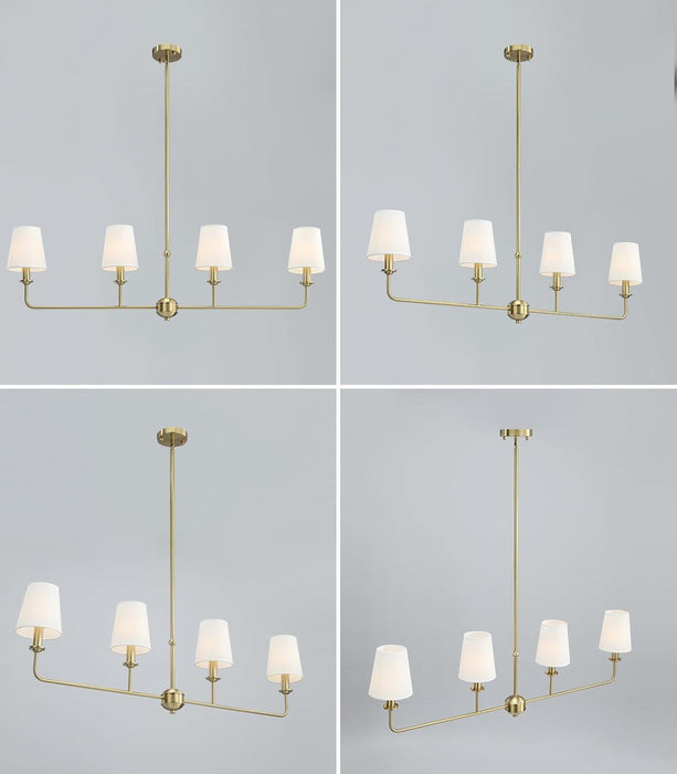 4-Light Brushed Gold Chandelier, Height Adjustable Island Dining Room Light with White Fabric Shades, E12 Base, Farmhouse & Industrial Style for Kitchen Living Room