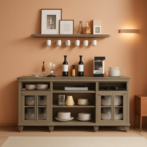 Buffet Cabinet with 4 Glass Doors, Large Coffee Bar Tables Wood Kitchen Storage Cabinets with 9 Storages, Modern Farmhouse Sideboard Credenza, Wash Gray, 70 Inch