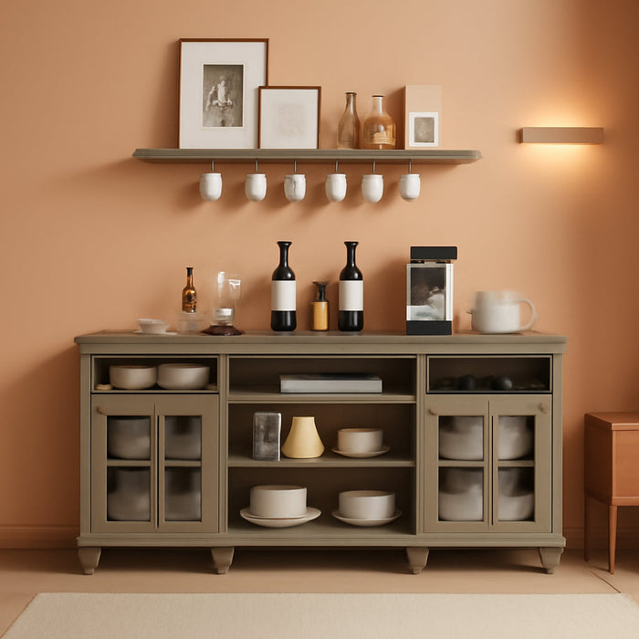 Buffet Cabinet with 4 Glass Doors, Large Coffee Bar Tables Wood Kitchen Storage Cabinets with 9 Storages, Modern Farmhouse Sideboard Credenza, Wash Gray, 70 Inch